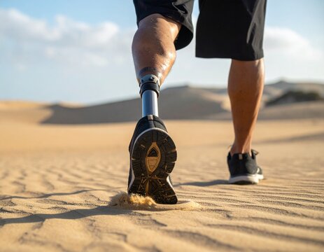 Textured shot of sand under prosthetic running foot