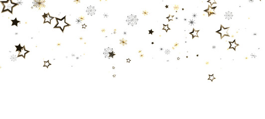 Festive background with golden stars and snowflakes on white. Perfect for holiday greetings, party invitations, and winter themes. Ideal for cre