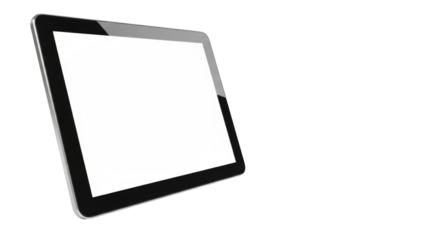 Sleek black digital tablet with blank white screen, silver trim, isolated on transparent background with copy space, soft light, concept of modern technology solutions