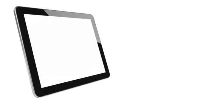 Sleek black digital tablet with blank white screen, silver trim, isolated on transparent background with copy space, soft light, concept of modern technology solutions