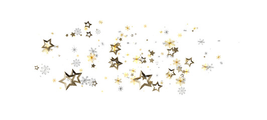 Festive gold and silver stars and snowflakes scattered on a white backdrop. Perfect for Christmas, New Year's, celebrations, and holiday designs
