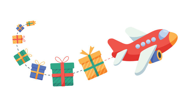 Air Delivery of Festive Joy: A vibrant illustration depicts a playful red airplane soaring through the sky, trailing a delightful chain of colorful gift boxes, ready to spread happiness.