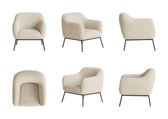 Set of six views of a cozy beige armchair with a boucle cover, black metal legs, and an armrest isolated in a translucent background. Front view, side views, top view, and perspectives. 3d rendering