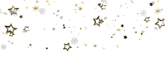 Sparkling gold and silver stars and snowflakes floating on a white background. Perfect for holiday designs, Christmas or New Year decorations, a