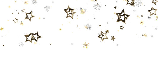 Festive background with golden stars and snowflakes in confetti style against a white background for Christmas, New Year, and other celebrations
