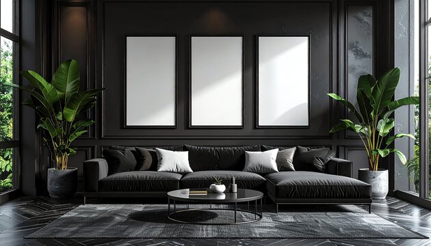 Modern dark living room decor features large plants, black sofa, blank wall art, and natural light from big windows for a sophisticated atmosphere.