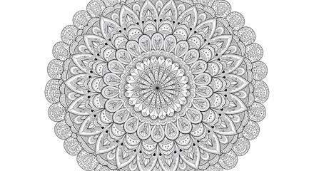Intricate circular mandala design with detailed patterns and symmetrical floral arrangements in black and white