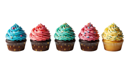 Five gourmet cupcakes, vibrantly frosted with swirled patterns, sprinkles, and candies, in unique patterned liners, on transparent background, delicious celebration concept