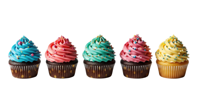 Five gourmet cupcakes, vibrantly frosted with swirled patterns, sprinkles, and candies, in unique patterned liners, on transparent background, delicious celebration concept