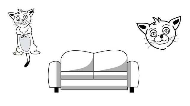 Cartoon style animation of a cat, a cat's head and a sofa in black and white, artistic drawing.