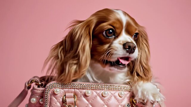 Adorable dog in pink purse with feather exterior, perfectly captures playful elegance, conveying joy and sophistication for creatives seeking fun and upscale visuals in cooking shows.