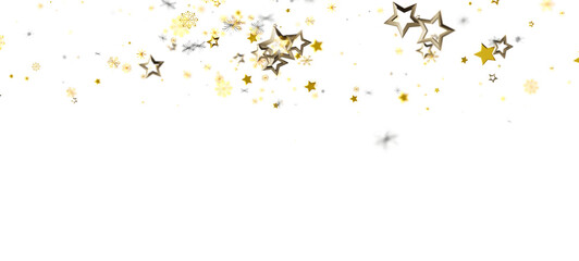 Elegant golden stars confetti overlay on a white background, perfect for festive designs, celebratory occasions, and visual concepts for parties