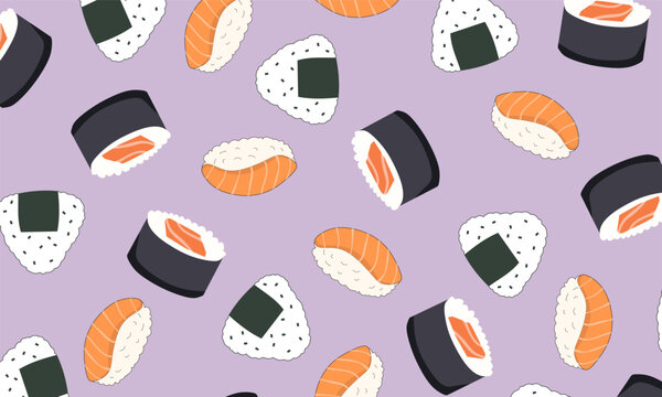Japanese Cuisine Seamless Pattern. Sushi, Sashimi, Onigiri Repeat Background. Sushi Seamless Pattern