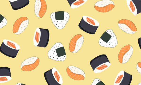 Japanese Cuisine Seamless Pattern. Sushi, Sashimi, Onigiri Repeat Background. Sushi Seamless Pattern