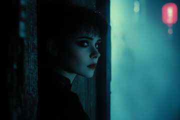 Retro futurism style portrait of person neon VR visor wear clothes inspired how people imagined future 80s 90s generative ai