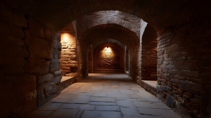 Ancient stone corridor with arched passageways and ambient lighting