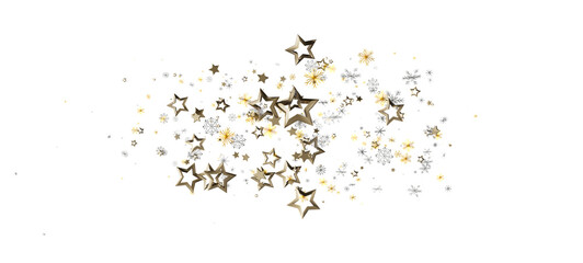 Festive background with golden stars and silver snowflakes confetti on white. Perfect for holiday designs, invitations, and celebration themes.