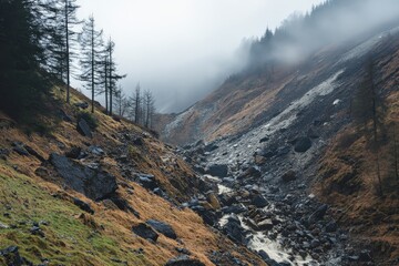 Misty mountain valley with rocky terrain.