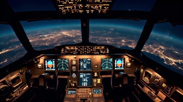Digital art scifi wallpaper background. A nighttime view of the cockpit of an airplane, showcasing the illuminated instruments and controls.