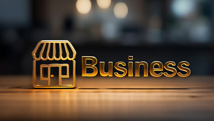 Golden 3d 'business' sign with storefront icon symbolizing commerce and entrepreneurship