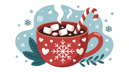 Winter Beverage Delights: A cozy illustration showcases a steaming mug of hot chocolate adorned with marshmallows and a candy cane, evoking warmth and festive cheer.