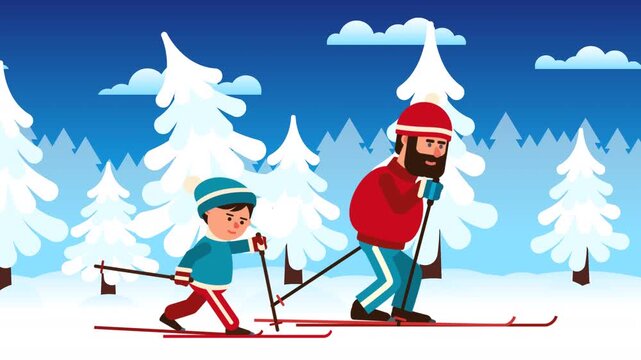 Father and son skiing together through a snowy winter forest in a cute cartoon animation. Parent and child gliding on skis. Family winter activities