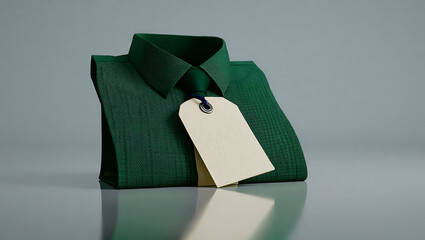 Elegant dark green collared shirt with blank price tag presenting retail fashion