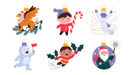 Whimsical Ornaments of Joy: A collection of charming festive ornaments, each showcasing a unique character: a mystical griffin, a playful elf, a whirling snowman, a cheerful running snowman.