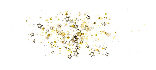 Shimmering golden stars and snowflakes on a white background, perfect for holiday decorations and party invitations, abstract and dreamy.