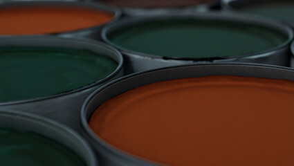 Abstract geometric pattern of overlapping curved shapes in dark green and burnt orange hues