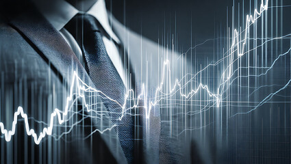 Dynamic financial chart overlapping a businessman's suit representing market analysis
