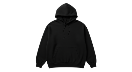 A plain black oversized hoodie with drawstring hood and kangaroo pocket, soft tactile fabric, flat lay on transparent background, shadowless high-key lighting. Concept for apparel branding