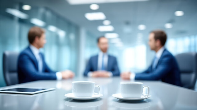 Smart business meeting table with coffee cups and tablet professionals in suits discussing strategy with blurred office background