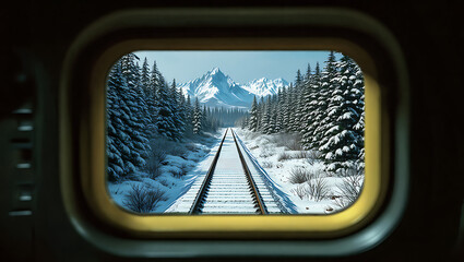 Winter train journey through snowy forest and mountains seen through vintage viewfinder