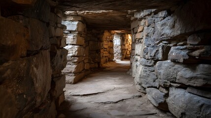 Obraz premium Ancient stone passageway with dimly lit chambers and rough hewn walls