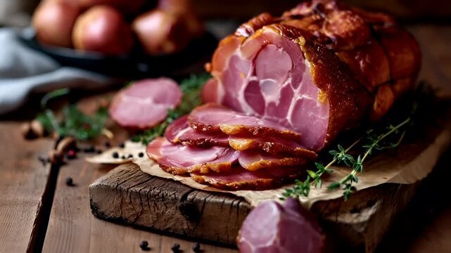 Prague, Czech Republic, Europe. sliced ham with goldenbrown glaze and fresh herbs on a rustic wooden surface.