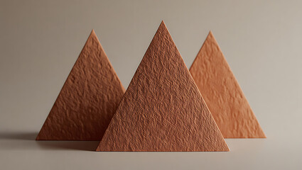 Three warm toned conical shapes create a geometric abstract pattern with soft lighting