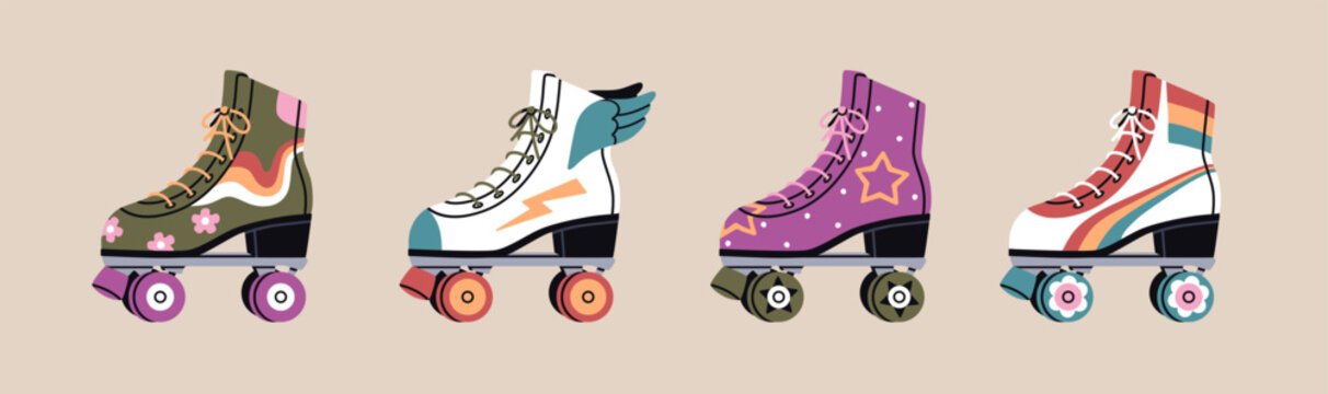 Retro fashion roller skates, side view. Vintage rollerskates, four-wheeled quad shoes in 80s style. Sport boots, stylish skating footwear decorated with wings, flowers. Flat vector illustrations set.