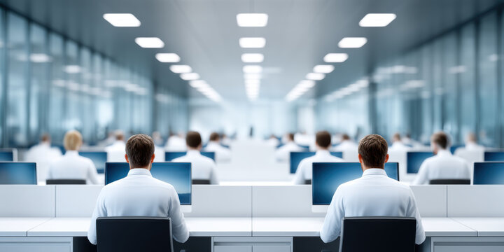 Smart business office workers in modern open plan call center focused on computers creating efficient professional atmosphere