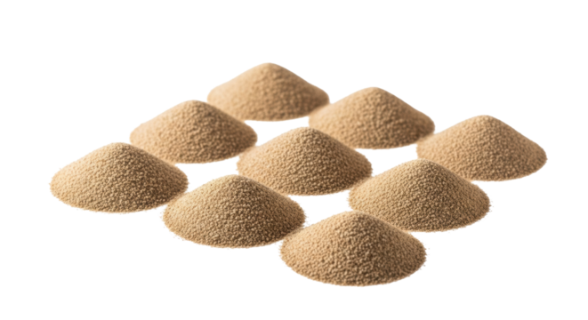 Light brown, fine-grained sand mounds forming smooth miniature dunes, intricately textured, isolated on a transparent background with high-key studio lighting. Concept of natural purity and