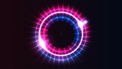 Futuristic neon circle with glowing pink and blue light rays on dark background, perfect for gaming, music, sci fi tech banners, wallpapers. Abstract digital art style.