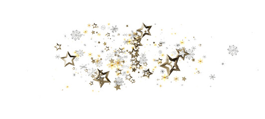 Elegant holiday image of gold stars and snowflakes on a white backdrop, ideal for seasonal designs and celebrations. Perfect for Christmas and N