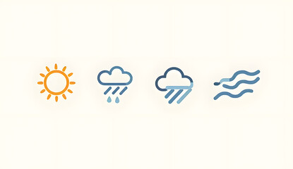 Vector icon set of minimalist weather symbols (sun, rain, cloud, wind), consistent stroke weight