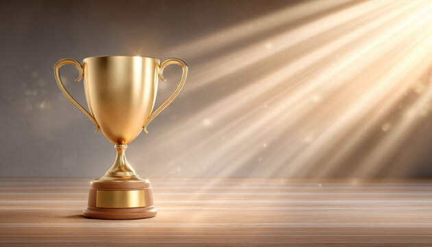 Gold trophy smart business award cup on wooden table with dramatic sunlight and bokeh