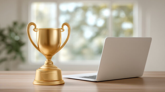 Smart business success concept with golden trophy beside laptop on desk evoking achievement and professional ambition in bright office setting