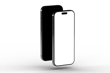 High-quality mockup of two black smartphones with blank screens, perfect for app presentations or website designs. Isolated on white.