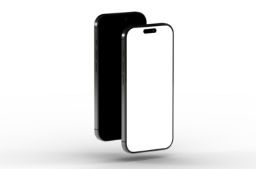 High-quality mockup of two black smartphones with blank screens, perfect for app presentations or website designs. Isolated on white.
