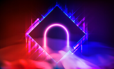 Futuristic neon arch portal inside glowing diamond frame with pink blue lights and soft mist, perfect for sci fi tech banners and backgrounds. Abstract digital art style.