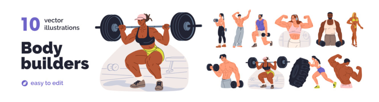 Set of bodybuilders training muscle strength, power. Sports professionals during bodybuilding workout, gym exercising, heavy weight lifting. Flat vector illustrations isolated on white background.