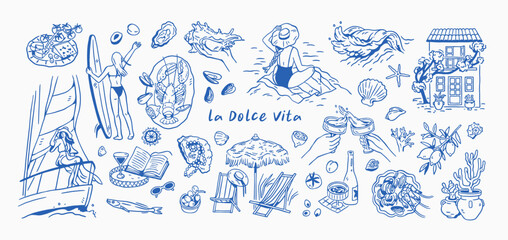 Fototapeta premium Dolce Vita summer vacation set. Doodle-style beach holiday and Mediterranean sea resort. Italian sketches with woman, yacht, food, leisure. Hand-drawn vector illustrations isolated on white background
